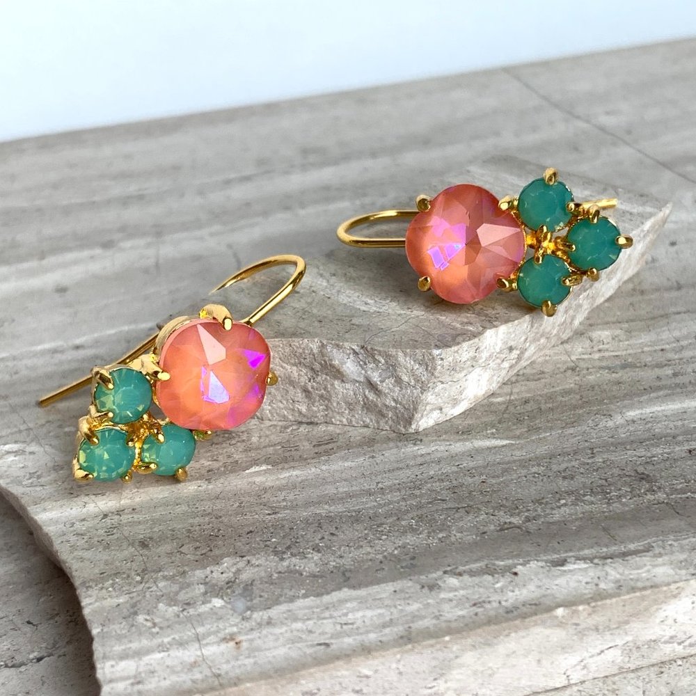 NEW ~ Anthropologie Pink & Green Crystal Drop Earrings